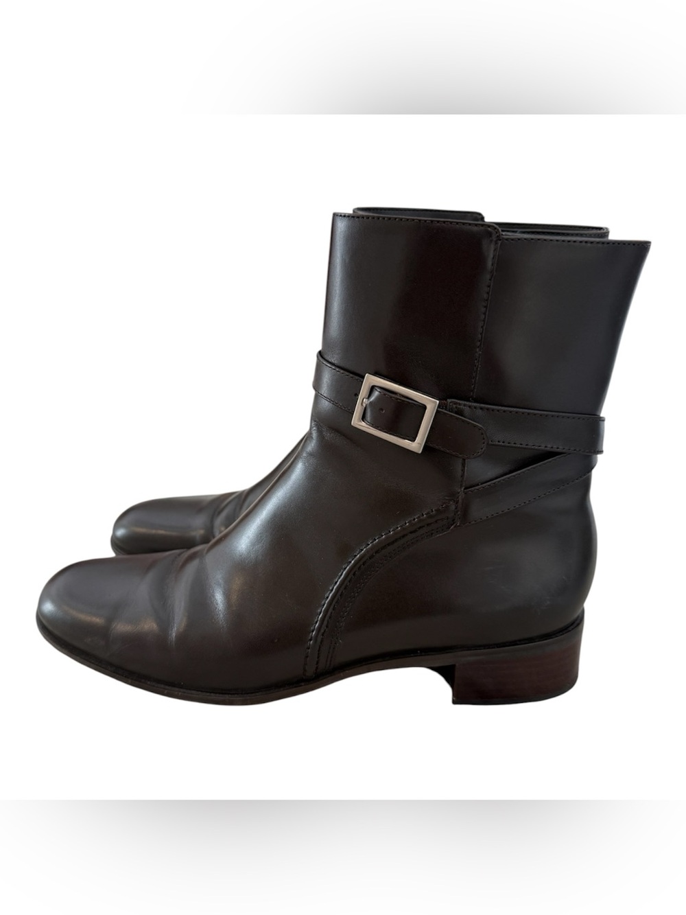 Talbots Tish Dark Brown Genuine Leather Ankle Boot Silver Buckle Detail Size 8M